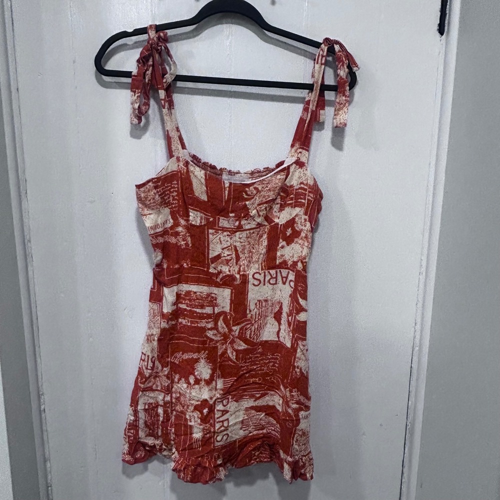 Urban Outfitters Jolene linen orange Postcard Tie Strap Ruffle Mini Dress M